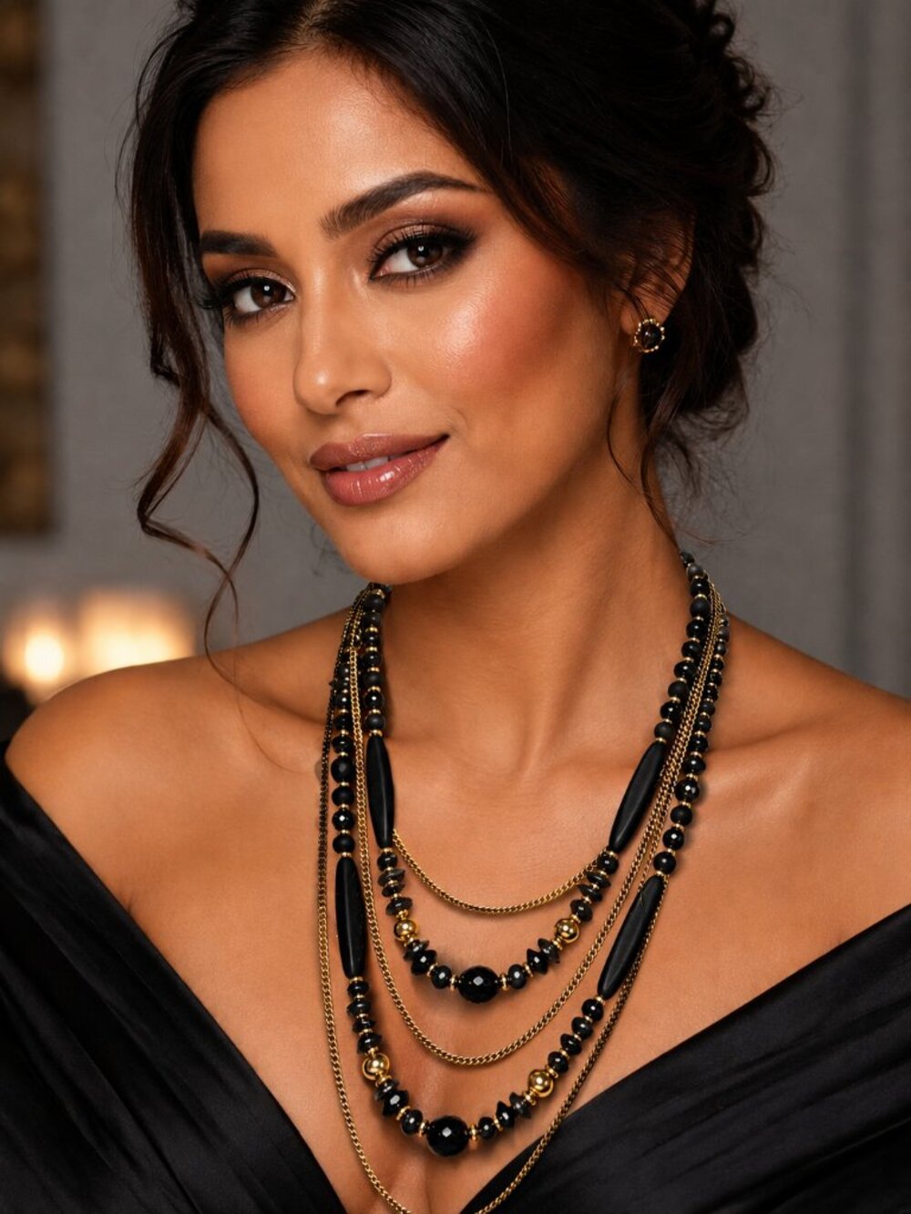 Erica Lyons Gold Tone and Black Layered Necklace‎